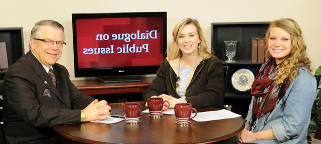 Campbellsville University’s John Chowning, vice president for church and external relations and executive assistant to the president of CU, right, interviews CU students Leslie Harper, left, and Rebekah DeVore about the upcoming International Justice Mission Club’s events March 11-15 against human trafficking, for his “Dialogue on Public Issues” show. 